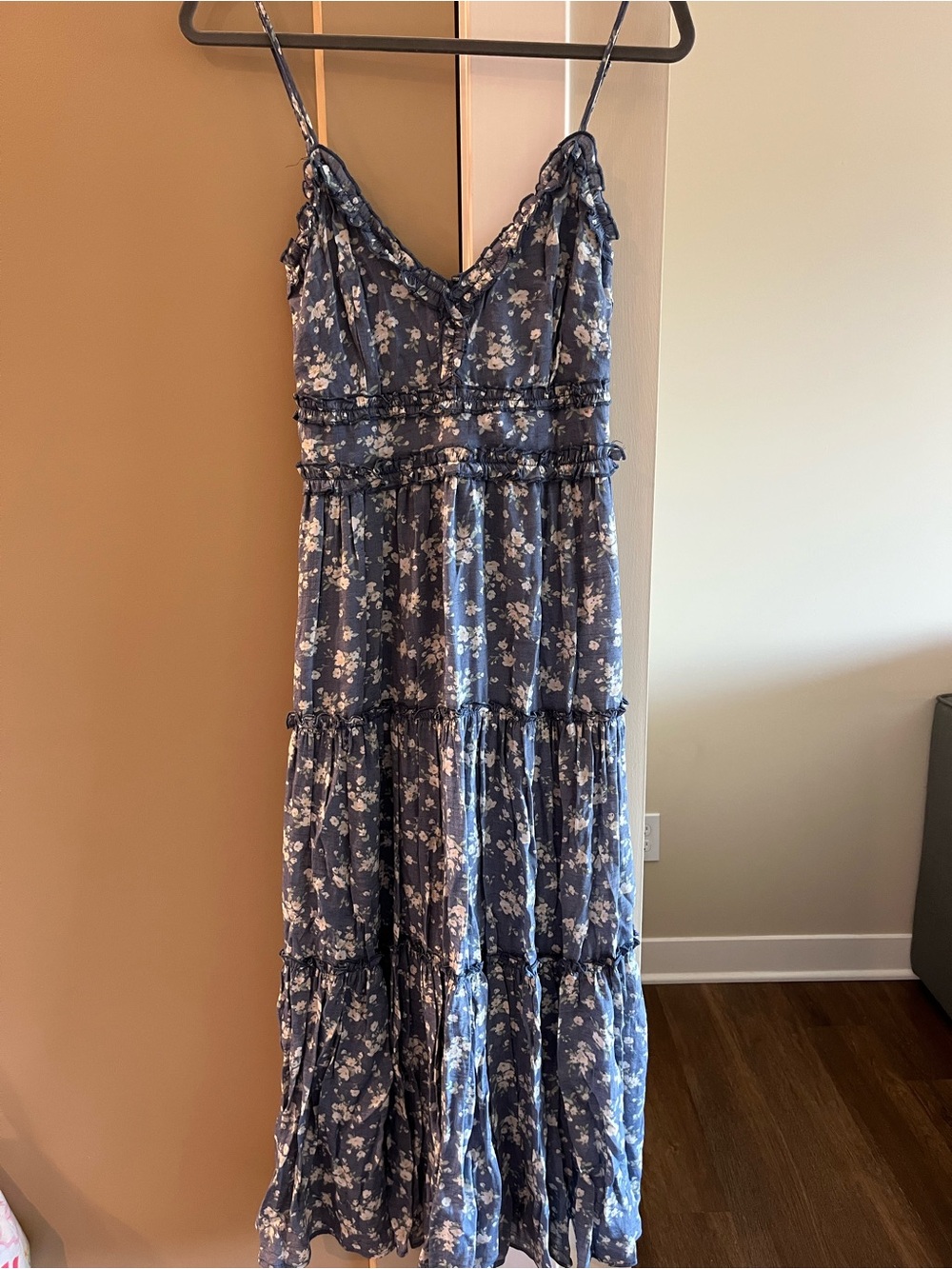 Altar'd State Blue Floral Tiered Maxi Dress with Spaghetti Straps